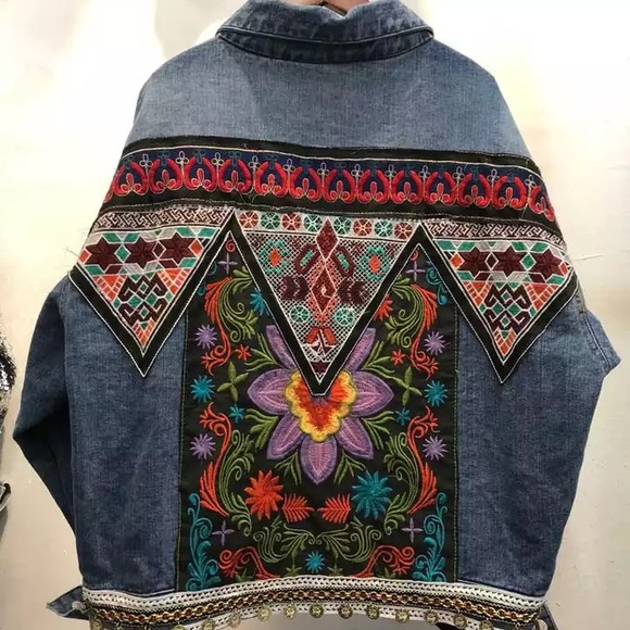 Boho floral embroidered tribal denim jean jacket - Picture 3 of 5
